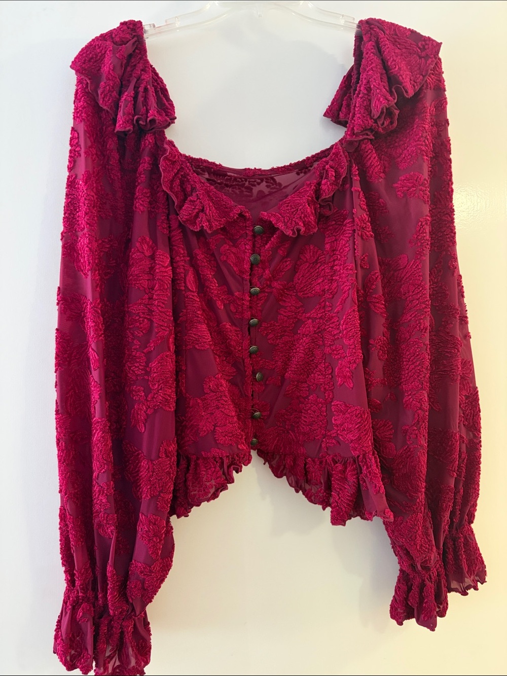 Anthropologie Textured Ruffle Button-Front Blouse in Deep Berry